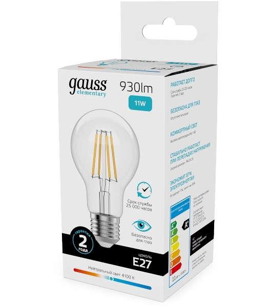Лампа филам. Gauss Filament 11Вт цок.:E27 груша св.свеч.бел.нейт. (упак.:10шт) (22221)
