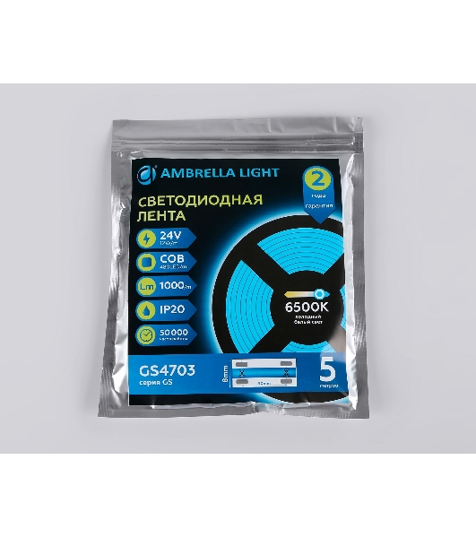 Светодиодная лента Ambrella light GS4703 COB 480Led /12W m/ 24V IP20 6500K/ 5000*8*1.54mm (2 конт.)
