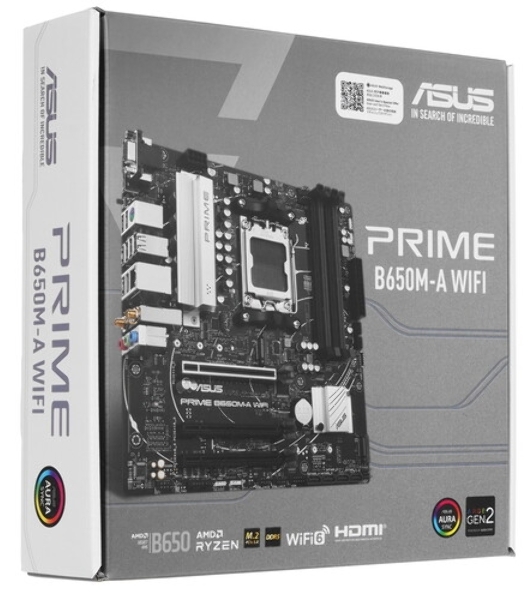 Материнская плата ASUS PRIME B650M-A WIFI II, AM5, AMD B650, 4xDDR5, 4xSATA, 2xM.2, 1xPCI-E 4.0 x16, 2xPCI-E 4.0 x1, 1xHDMI, 1xDP, 1xVGA, 1x 2.5Gb LAN, 2xUSB-A 3.2 Gen 2, 2xUSB-A 3.2 Gen 1, 4xUSB-A 2.0, 3x3.5 мм, 7.1, Micro-ATX