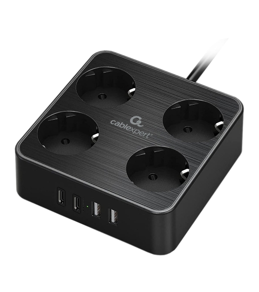 Сетевой фильтр Cablexpert Plate, PLT-4-C2U2-B-2, 4р, 10А, 2xType-C PD, 20Вт, 2xUSB, 2.4A, 2 м, ур. защиты 4+, черный, коробка