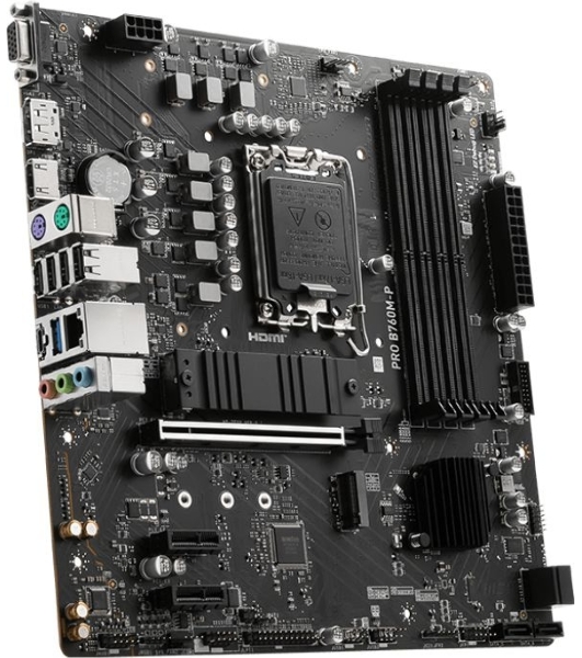 Материнская плата MSI PRO B760M-P DDR5, LGA 1700, Intel B760, 4xDDR5, 4xSATA, 2xM.2, 1xPCIe 4.0 x16, 2xPCIe 3.0 x1, 1xHDMI, 1xDP, 1xVGA, 1x1Gb LAN, 4xUSB-A 2.0, 1xUSB-A 3.2 Gen 1, 1xUSB-C 3.2 Gen 2, 3x3.5 мм, 7.1, mATX