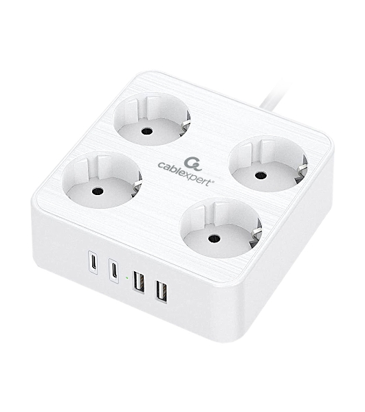 Сетевой фильтр Cablexpert Plate, PLT-4-C2U2-W-3, 4р, 10А, 2xType-C PD, 20Вт, 2xUSB, 2.4A, 3 м, ур. защиты 4+, белый, коробка