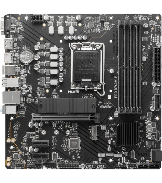 Материнская плата MSI PRO B760M-P DDR5, LGA 1700, Intel B760, 4xDDR5, 4xSATA, 2xM.2, 1xPCIe 4.0 x16, 2xPCIe 3.0 x1, 1xHDMI, 1xDP, 1xVGA, 1x1Gb LAN, 4xUSB-A 2.0, 1xUSB-A 3.2 Gen 1, 1xUSB-C 3.2 Gen 2, 3x3.5 мм, 7.1, mATX