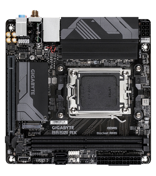 Материнская плата GIGABYTE B650I AX, AM5, AMD B650, 2xDDR5, 2xSATA, 1xM.2, 1xPCIe 4.0 x16, 1xHDMI, 1xDP, 1x2.5Gb LAN, Wi-Fi 6E, Bluetooth 5.3, 1xUSB-C 5Gbps, 1xUSB-A 5Gbps, 3xUSB-A 2.0, 3x3.5 мм, 7.1, ITX