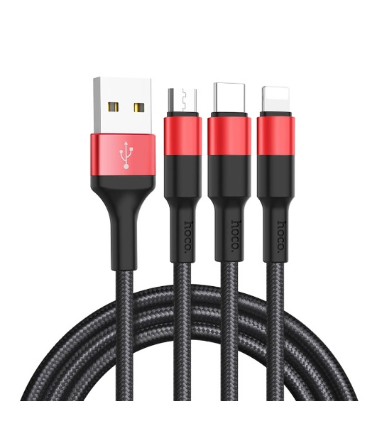 Кабель HOCO USB X26 Xpress 3 в 1 для Lightning, Micro USB, Type-C, 2.0A, 1 м, черный с красным