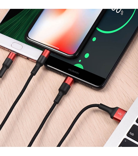 Кабель HOCO USB X26 Xpress 3 в 1 для Lightning, Micro USB, Type-C, 2.0A, 1 м, черный с красным