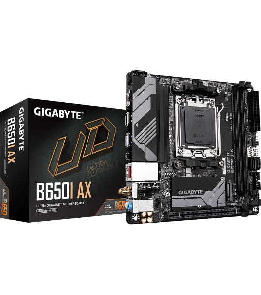 Материнская плата GIGABYTE B650I AX, AM5, AMD B650, 2xDDR5, 2xSATA, 1xM.2, 1xPCIe 4.0 x16, 1xHDMI, 1xDP, 1x2.5Gb LAN, Wi-Fi 6E, Bluetooth 5.3, 1xUSB-C 5Gbps, 1xUSB-A 5Gbps, 3xUSB-A 2.0, 3x3.5 мм, 7.1, ITX