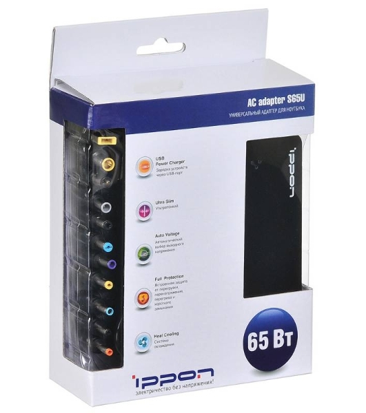 Блок питания Ippon S65U автоматический 65W 15V-19.5V 8-connectors 4.3A 1xUSB 2.1A от бытовой электросети LED индикатор
