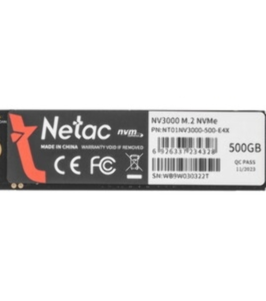 Накопитель SSD Netac NV3000, 500Gb, PCIe 3.0 x4, M.2 2280, NVMe, R/W 3000/2100, с радиатором