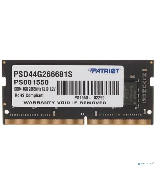 Оперативная память Patriot Signature, DDR4, 4GB (1x4 GB), 2666 MHz, CL19, SO-DIMM