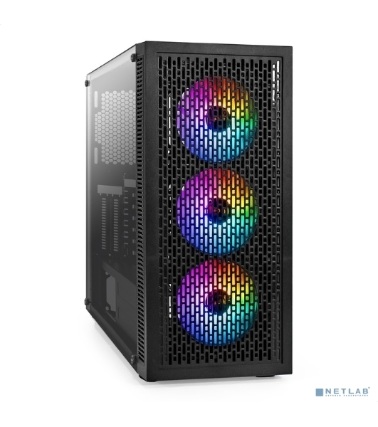 Компьютерный корпус Miditower ExeGate EVO-5001A-EVO800 (ATX, БП EVO800RGb с вент. 12 см, 2хUSB+1хUSB 3.0+HD Audio, черный, 3 вент.12см с RGb подсветкой, боковая панель - закаленное стекло)