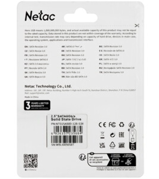 Накопитель SSD Netac SA500, 128Gb, SATA III, 2.5', R/W 500/400