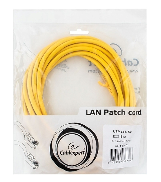 Патч-корд UTP Cablexpert cat.5e, 5м, литой, многожильный (желтый)