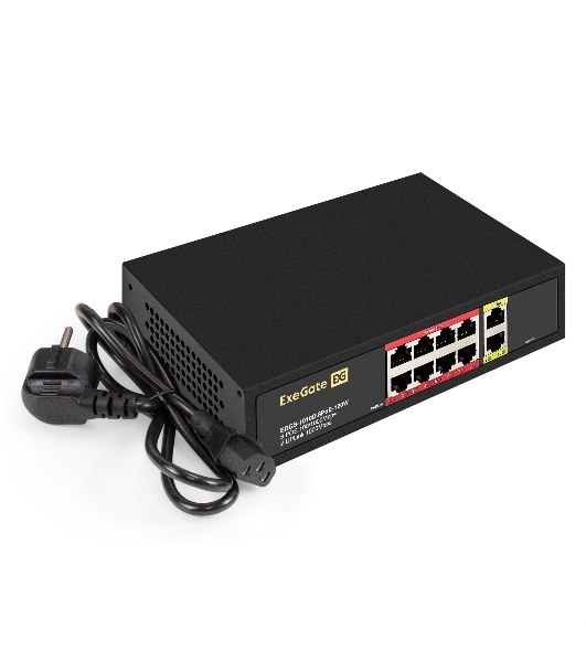 Коммутатор ExeGate EDGS-1010D.8PoE-120W, 8×1 Гбит/с PoE + 2×1 Гбит/с, неуправляемый
