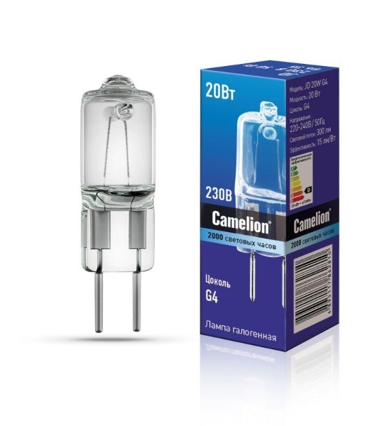 Лампа галогенная JD 20Вт капсула g4 2850К 240В g4 Camelion 10405