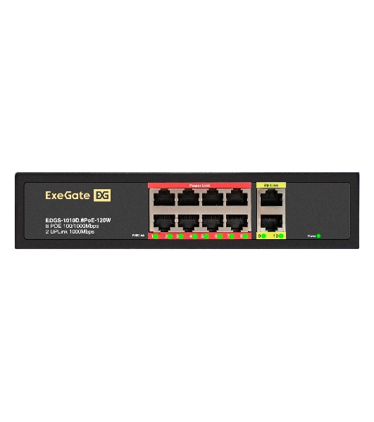 Коммутатор ExeGate EDGS-1010D.8PoE-120W, 8×1 Гбит/с PoE + 2×1 Гбит/с, неуправляемый