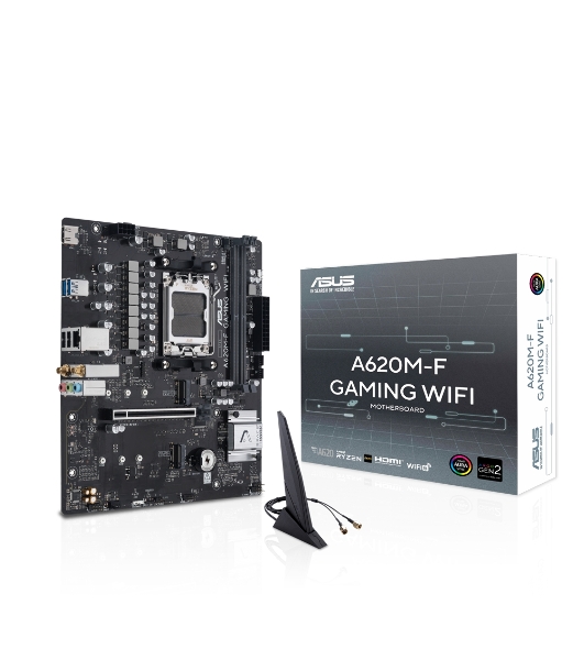 Материнская плата ASUS A620M-F GAMING WIFI, AM5, AMD A620, 2xDDR5, 2xM.2, 1xPCIe 4.0 x16, 1xHDMI, 1x2.5Gb LAN, Wi-Fi 6E, Bluetooth 5.3, 2xUSB-A 5Gbps, 2xUSB-A 2.0, 3x3.5 мм, 7.1, mATX