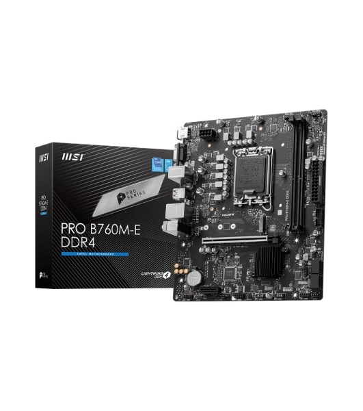 Материнская плата MSI PRO B760M-E DDR4, LGA 1700, Intel B760, 2xDDR4, 4xSATA, 1xM.2, 1xPCIe 4.0 x16, 1xPCIe 4.0 x1, 1xHDMI, 1xVGA, 1x1Gb LAN, 2xUSB-A 3.2 Gen 1, 4xUSB-A 2.0, 3x3.5 мм, 7.1, mATX