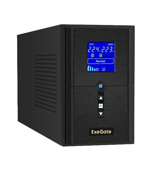 Источник бесперебойного питания (инвертор, синус, для котла) ExeGate SineTower SZ-1000.LCD.AVR.2SH.1C13.USB 1000VA/800W, чистая синусоида, LCD дисплей, AVR, 2*Schuko+1*C13, USB, линейно-интерактивный, внешняя батарея 24В до 200А·ч, черный