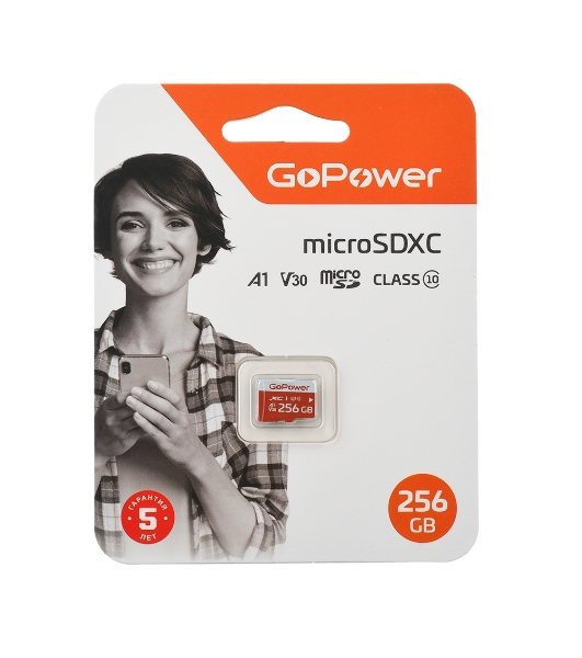 Флеш карта microSD GoPower 256Gb Class10 UHS-I (U3) 100 МБ/сек V30 без адаптера
