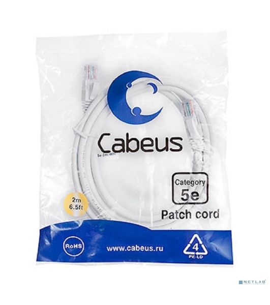 Шнур комм. Cabeus, кат. 5е, неэкр., U/UTP, RJ45/RJ45, LSZH, AWG24, 2м, белый