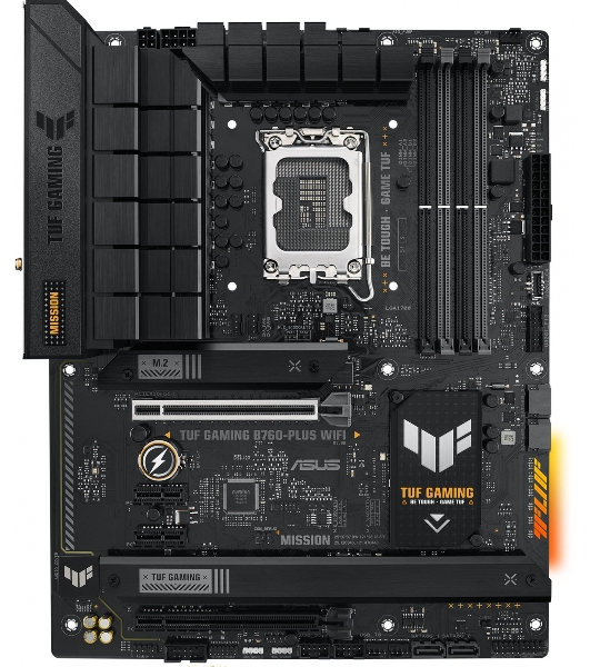 Материнская плата ASUS TUF GAMING B760-PLUS WIFI, LGA 1700, Intel B760, 4xDDR5, 4xSATA, 3xM.2, 1xPCI-E 5.0 x16, 1xPCI-E 3.0 x4, 1xUSB-A 3.2 Gen 2, 3xUSB-A 3.2 Gen 1, 1xUSB-C 3.2 Gen 2x2, 1x2.5Gb LAN, 5x3.5 мм, 7.1, Wi-Fi 6, Bluetooth 5.2, Standard-ATX