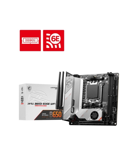 Материнская плата MSI MPG B650I EDGE WIFI, AM5, AMD B650, 2xDDR5, 4xSATA, 2xM.2, 1xPCI-E 4.0 x16, 1xHDMI, 1x 2.5Gb LAN, 3xUSB-A 3.2 Gen 2, 2xUSB-A 3.2 Gen 1, 1xUSB-C 3.2 Gen 2x2, 3x3.5 мм, 7.1, Mini-ITX