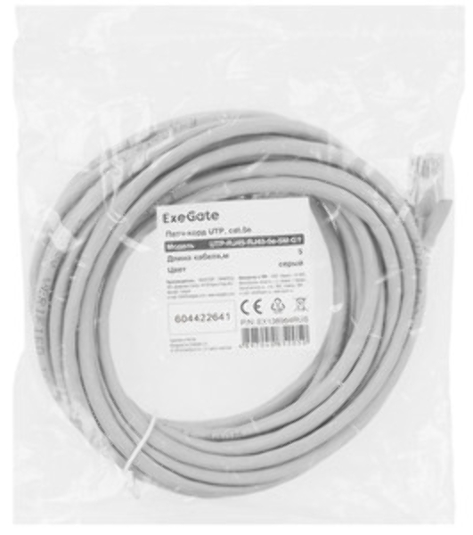 Патч-корд ExeGate EX286385RUS UTP-RJ45-RJ45-5e-5M-LSZH-GY, UTP, cat.5e, LSZH, 5м, серый