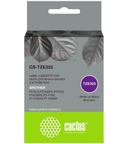 Картридж ленточный Cactus CS-TZE325 TZE-325 белый на черном 9x8 для Brother 1010/1280/1280VP/2700VP