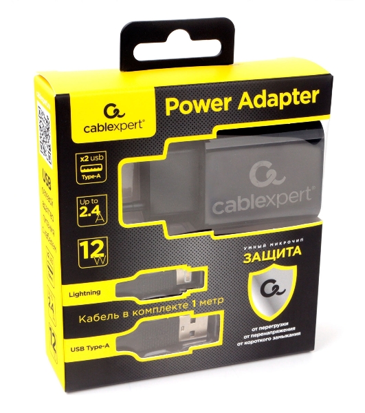 Сетевое зарядное устройство Cablexpert MP3A-PC-36 USB 2 порта, 2.4A, черный + кабель 1м lightning