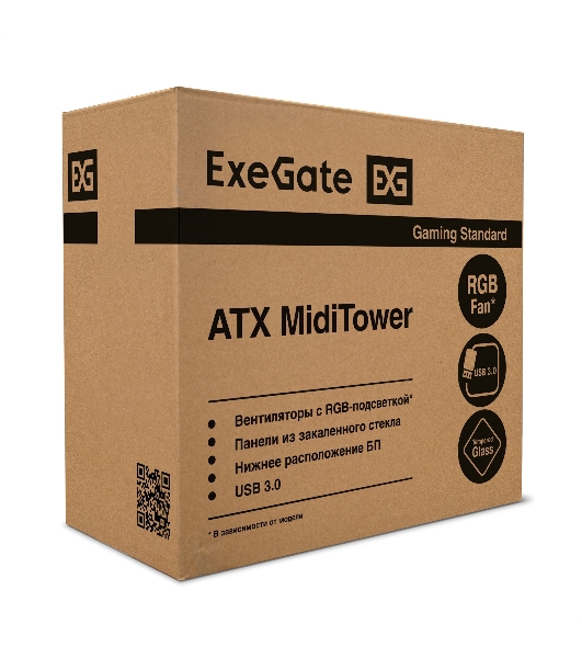 Компьютерный корпус Miditower ExeGate EVO-8243-EVO800 (ATX, БП EVO800RGb с вент. 12 см, 2хUSB+1хUSB 3.0, черный, 3 вент. с RGb подсветкой, боковая панель - закаленное стекло)
