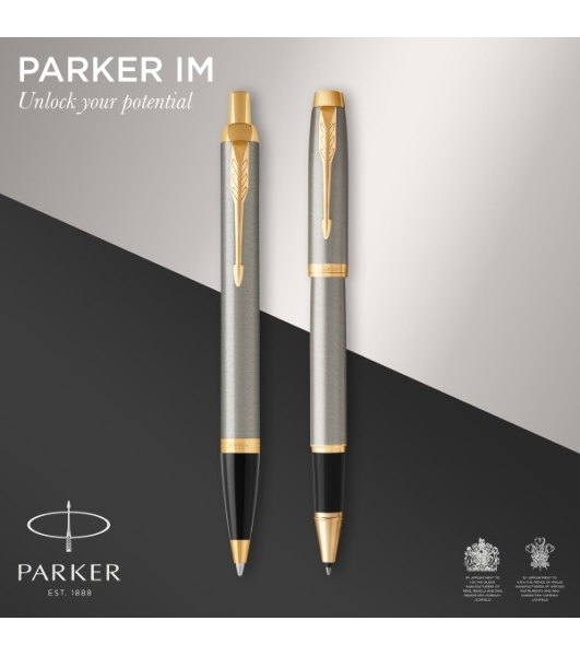 Набор ручек Parker IM Core TK223 (CW2093217) Brushed Metal GT, подарочная коробка, ручка роллер, ручка шариковая сменный стержень, 1 стержень, круглая