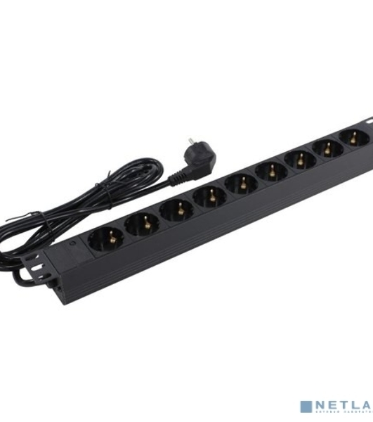 Блок розеток горизонтальный ExeGate ServerPro PDU-19H904 Al-9S-EU2.5, 19', 1U, Алюминий, 9 Schuko, кабель с евровилкой VDE-250V-16A-3*1.5мм2, 2.5 метра, черный