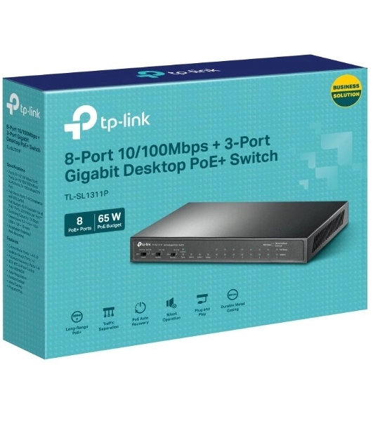 Настольный коммутатор TP-Link TL-SL1311P, 8 портов 10/100 Мбит/с с поддержкой PoE+, 2 гигабитных порта без поддержки PoE, 1 порт SFP, 802.3af/at, бюджет PoE — 65 Вт, стальной корпус