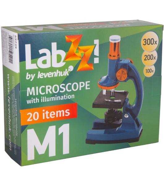 Микроскоп Levenhuk LabZZ M1 монокуляр 100-300 на 3 объектива зеленый/оранжевый