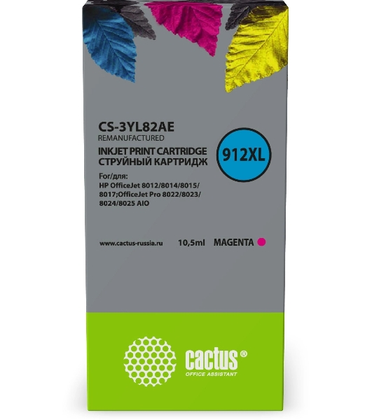 Картридж струйный Cactus 912XL CS-3YL82AE (есть ограничения по прошивке) пурпурный (10.5мл) для HP OfficeJet 8012/8014/8015/8017;OfficeJet Pro 8022/8023/8024/8025 AIO