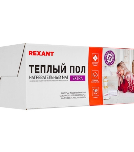 Теплый пол (нагревательный мат) Rexant Extra, площадь10,0 м2 (0,5 х 20,0 метров),1600Вт, (двух жильный)