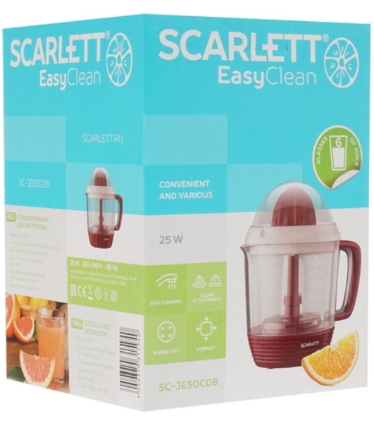 Соковыжималка Scarlett SC-JE50C08 красный/белый, цитрусовая, 25 Вт, 1200 мл, механическое