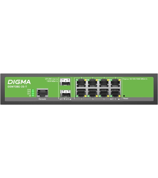Коммутатор Digma DSW708G-2S-T, 8×1 Гбит/с + 2×1 Гбит/с SFP, управляемый