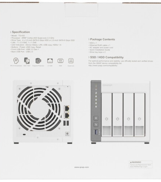 Сетевое хранилище SMB QNAP TS-433-4G NAS 4 HDD trays. ARM 4-core Cortex-A55 2.0GHz, ram 4 Gb (max), 1x1GbE, 1x2.5GbE, 2xUSB 2.0 port,1xUSB 3.2 Gen 1