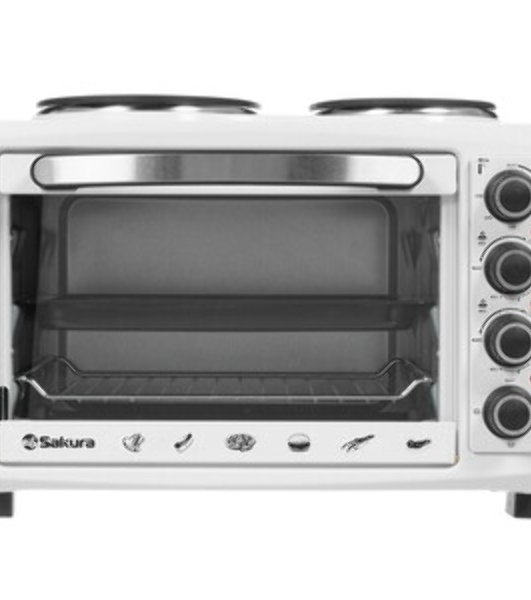 Мини-печь Sakura SA-7001WP 35л, духовка 1600 Вт,, механ.управление, 3 режима работы духовки (верх, низ, верх+низ), таймер на 60 минут, регулировка температуры духовки, комплектация - металлическая решетка, противень, круглая форма для выпечки (230х50 мм), ухват. белый.