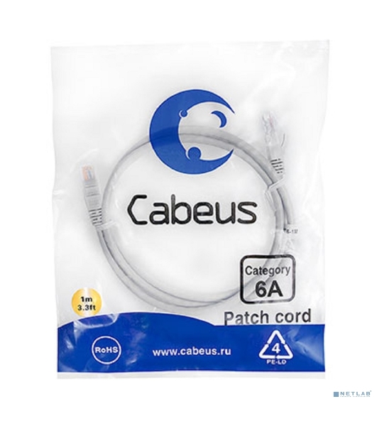 Шнур коммутационный Cabeus, cat.6a, неэкр., U/UTP, RJ45/RJ45, LSZH, AWG24, 1м, серый