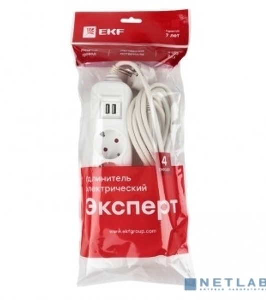 Удлинитель EKF UBA16-2USB-4-02i 'Эксперт' 4 гнезда 2 метра 16А/3,5 кВт с 2 USB 2,1А ПВС 3х1