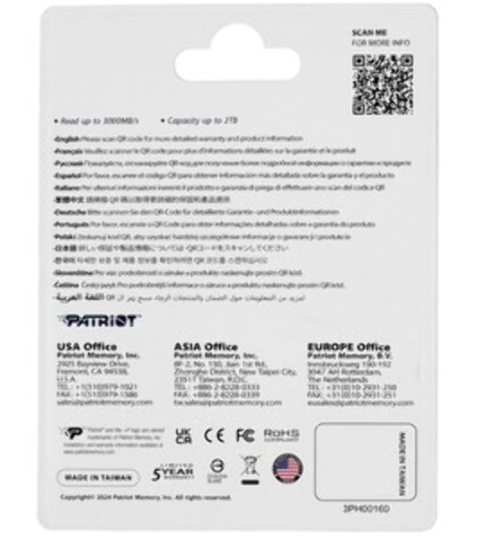 Накопитель SSD Patriot P320, 512Gb, PCIe 3.0 x4, M.2 2280, NVMe, R/W 3000/2200