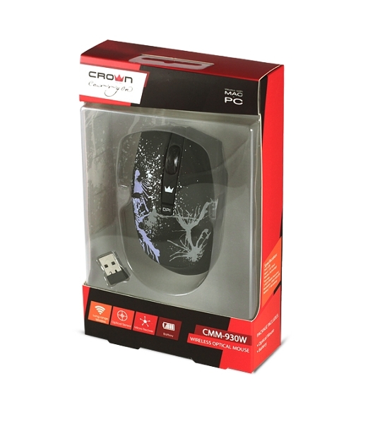 Мышь беспроводная Crown CMM-930W черный, 1600 dpi, радиоканал, USB, кнопки - 4