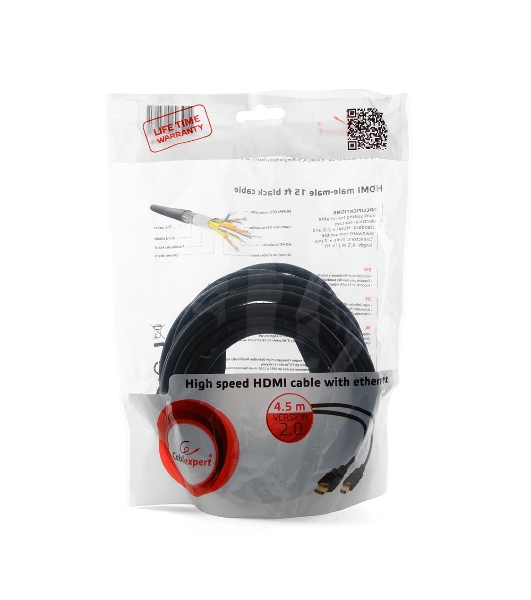 Кабель Cablexpert HDMI CC-HDMI4-15, 19M/19M, v2.0, медь, позол.разъемы, экран, 4.5м, черный, пакет