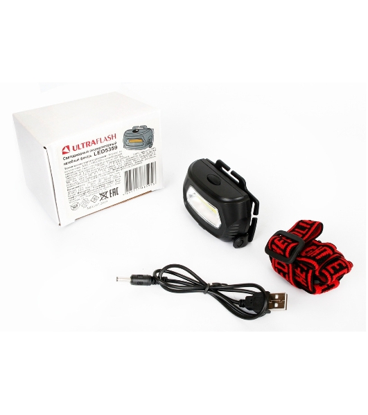 Фонарь налобный Ultraflash LED5359 (аккум 5В черный COB 3 Ватт, 3 реж.,пласт.,бокс)