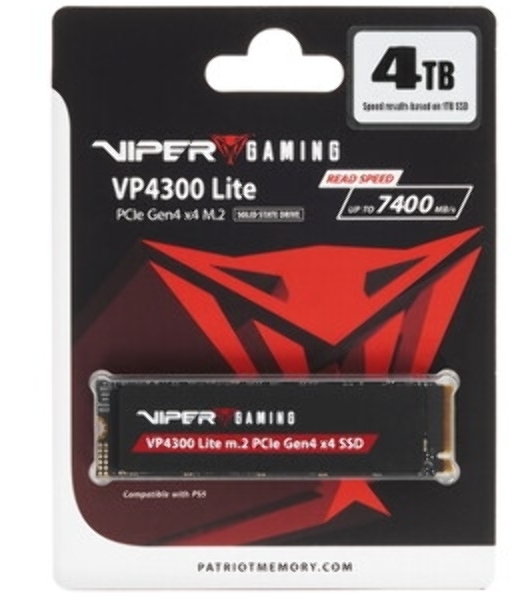 Накопитель SSD Patriot Viper VP4300, 2Tb, PCIe 4.0 x4, M.2 2280, NVMe, R/W 7400/6800, с радиатором