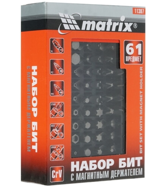 Набор бит Matrix с магнитным держателем, CrV, 61шт