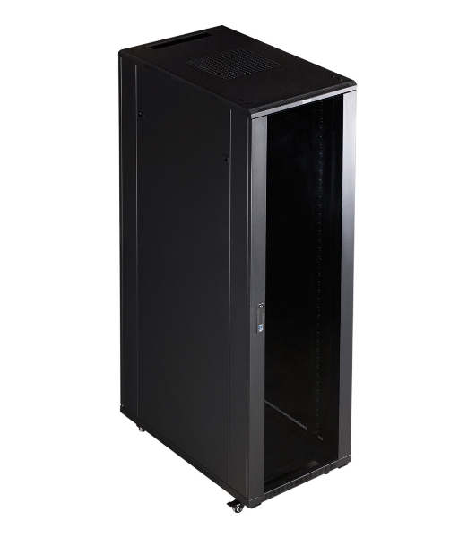 Шкаф коммутационный Lanmaster (TWT-CBB-42U-6X10-G1) напольный 42U 600x1000 мм пер. дв. стекл задн. дв. спл. стал. лист 2-хст. 2 бок. пан. 800 кг черный IP20